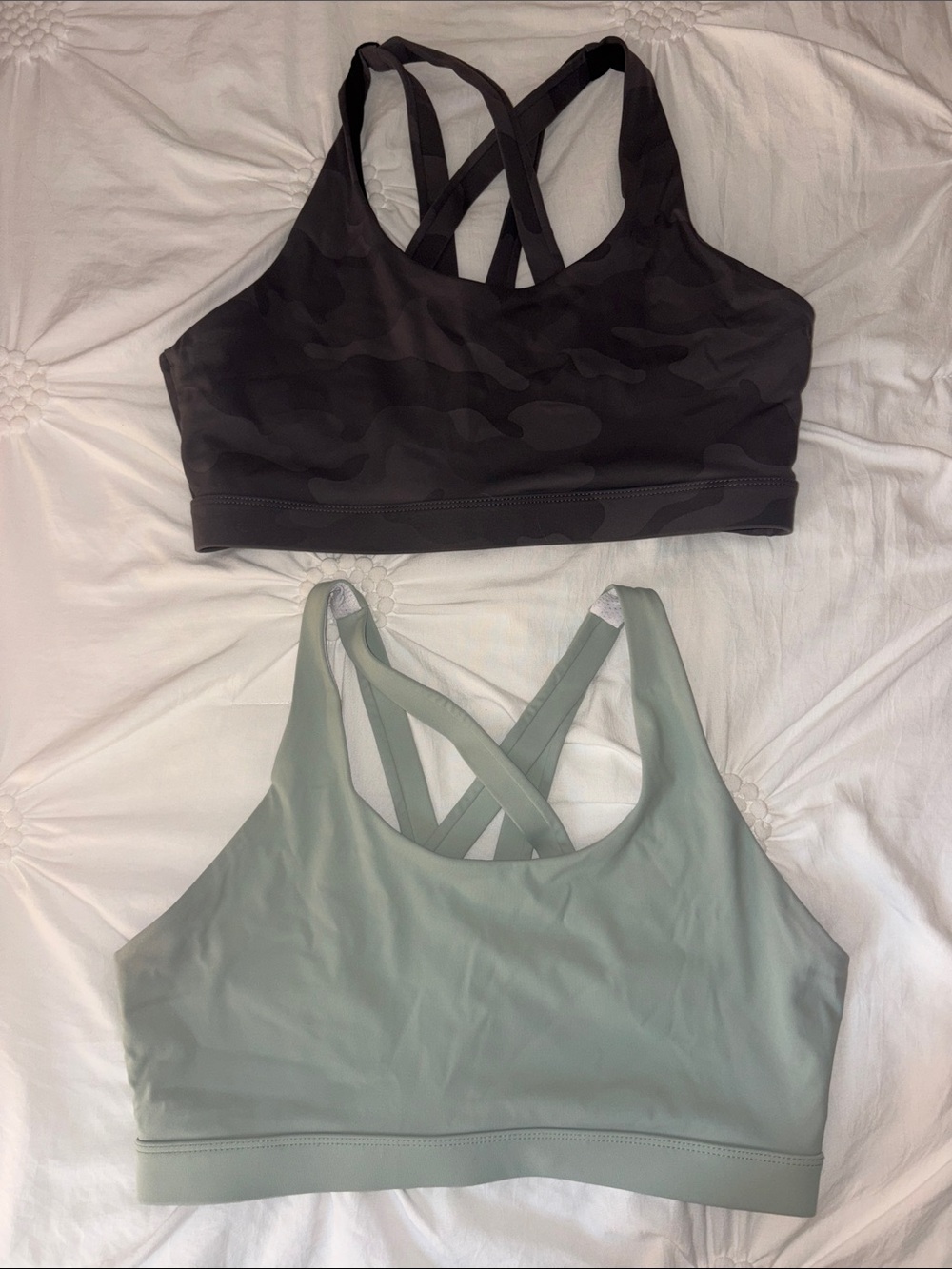 Double-Strap Sports Bra in Black Camo and Sage